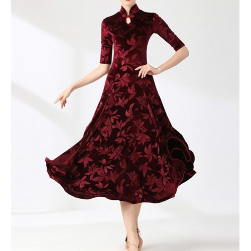 Women girls wine navy peacock blue ballroom dance dresses velvet with leaves printed waltz tango long sleeves foxtrot smooth dancing long gown for lady